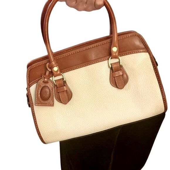 VTG 90s Liz Claiborne Leather Rolled Dual Handle Cream Pebbled Leather brown Bag - Picture 4 of 15